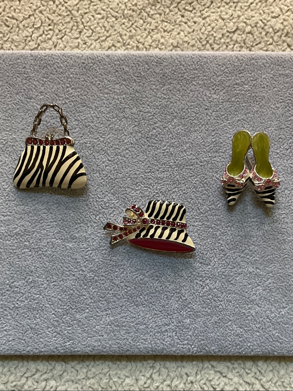 3 Zebra Stripe Hat, Heels & Purse Brooches